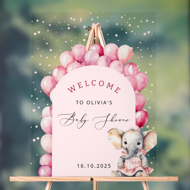 Elephant Pink Balloon Girl Baby Shower Welcome Acrylic Sign (Neutral)
