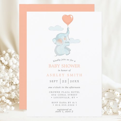 Elephant Pink Balloon Watercolor Girl Baby Shower Invitation