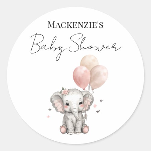 Elephant & Pink Balloons Girl Baby Shower Classic Round Sticker