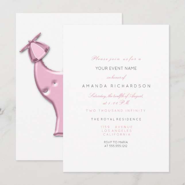Elephant Pink Birthday Party Baby Shower White Invitation (Front/Back)