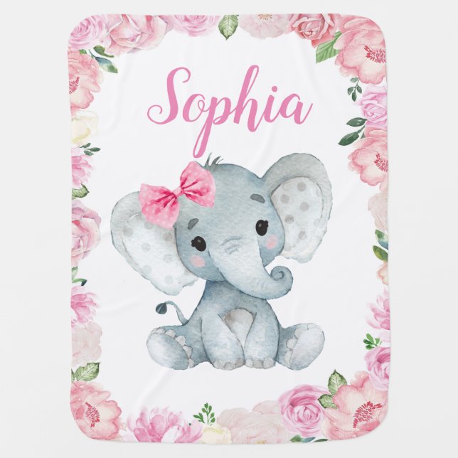 Elephant Pink Bow Baby Blankets Rustic Floral Name (Front)
