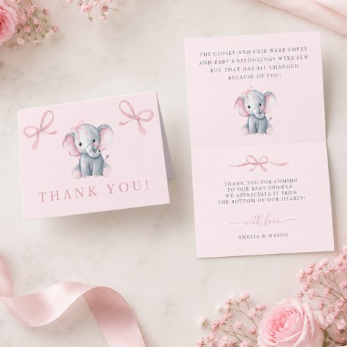 Elephant Pink Bow Baby Girl Shower Letterpress Thank You Card