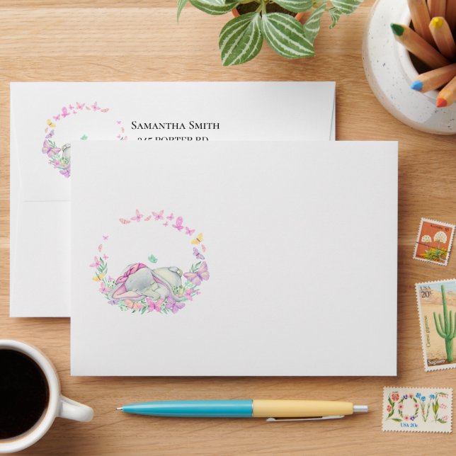 Elephant Pink Butterflies Baby Shower Envelope (Desk)