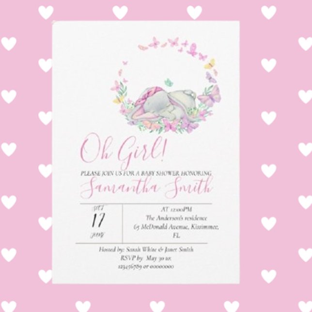 Elephant Pink Butterflies Baby Shower Invitation (Celebrate your little one with our Elephant Pink Butterflies Baby Shower Invitation)