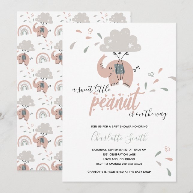 Elephant Pink Cute Girl's Baby Shower Invitation (Front/Back)