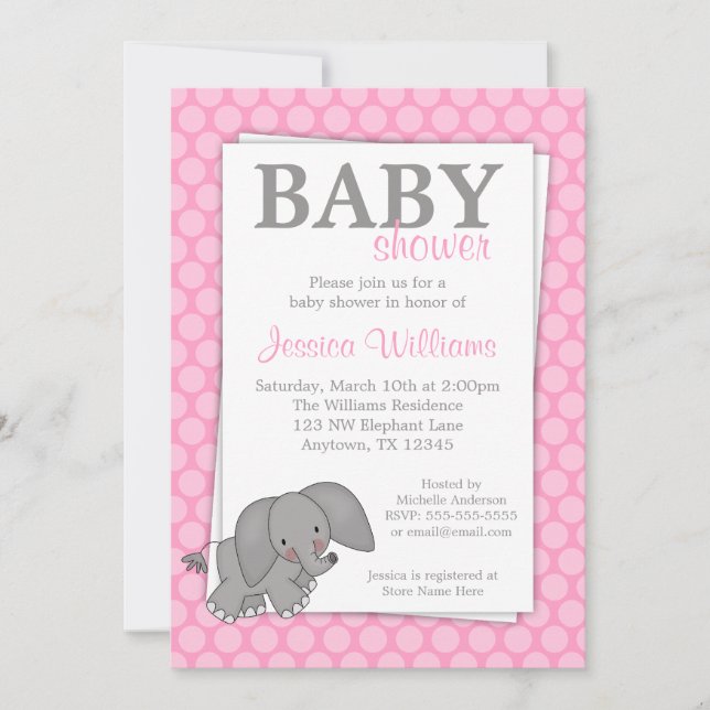 Elephant Pink Dots Girl Baby Shower Invitation (Front)