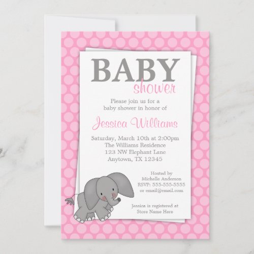 Elephant Pink Dots Girl Baby Shower Custom Invitations