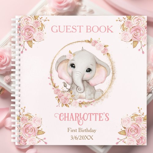 Elephant Pink Floral 1st Birthday Name Guest Book