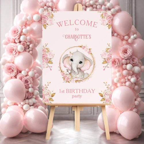 Elephant Pink Floral 1st Birthday Welcome Sign