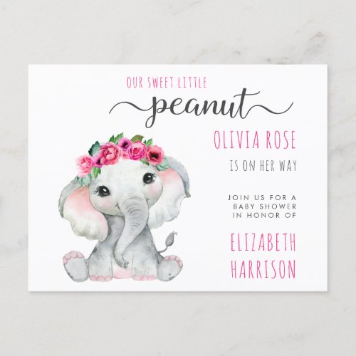 Elephant Pink Floral Baby Girl Shower Invitation Postcard