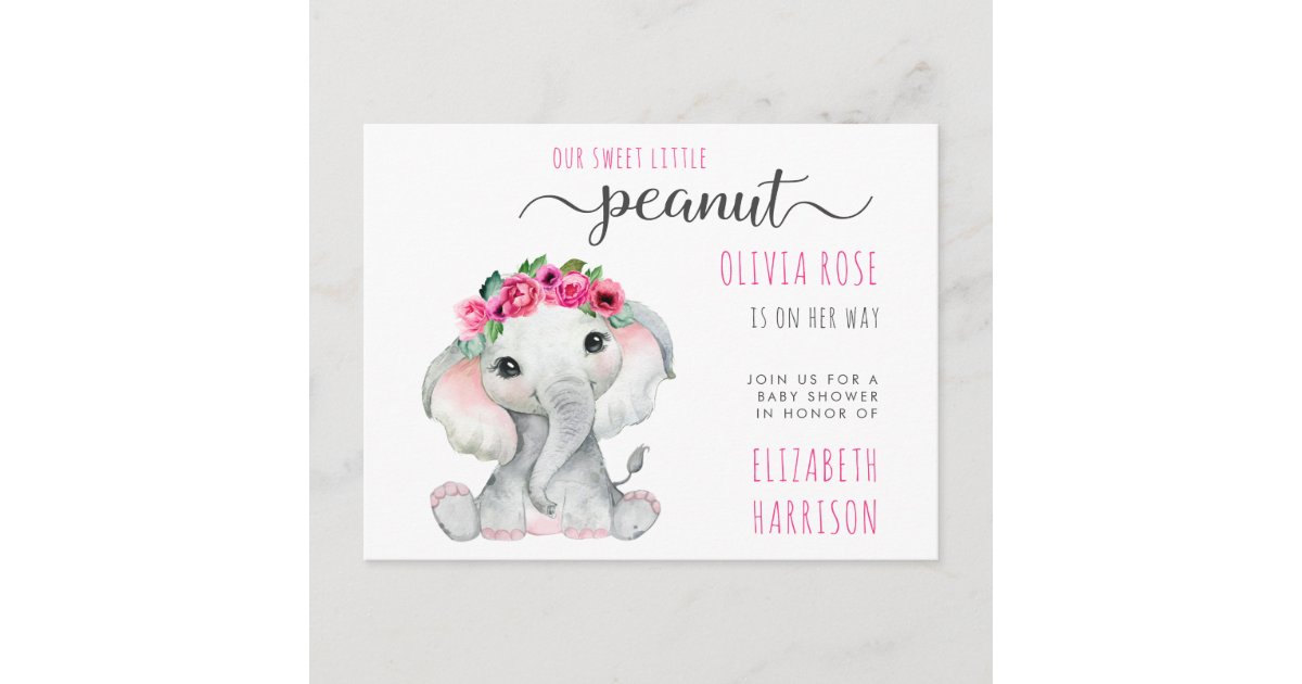 Elephant Pink Floral Baby Girl Shower Invitation Postcard | Zazzle