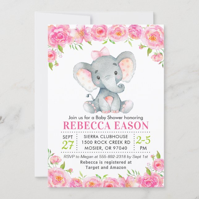 Elephant Pink Floral Baby Girl Shower Sprinkle Invitation (Front)