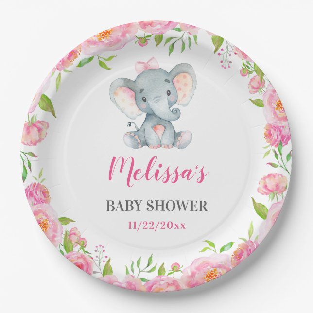 Elephant Pink Floral Baby Girl Shower Sprinkle Paper Plates (Front)