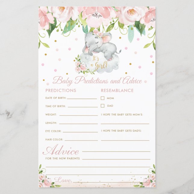 Elephant Pink Floral Baby Predictions Advice Card (Front)