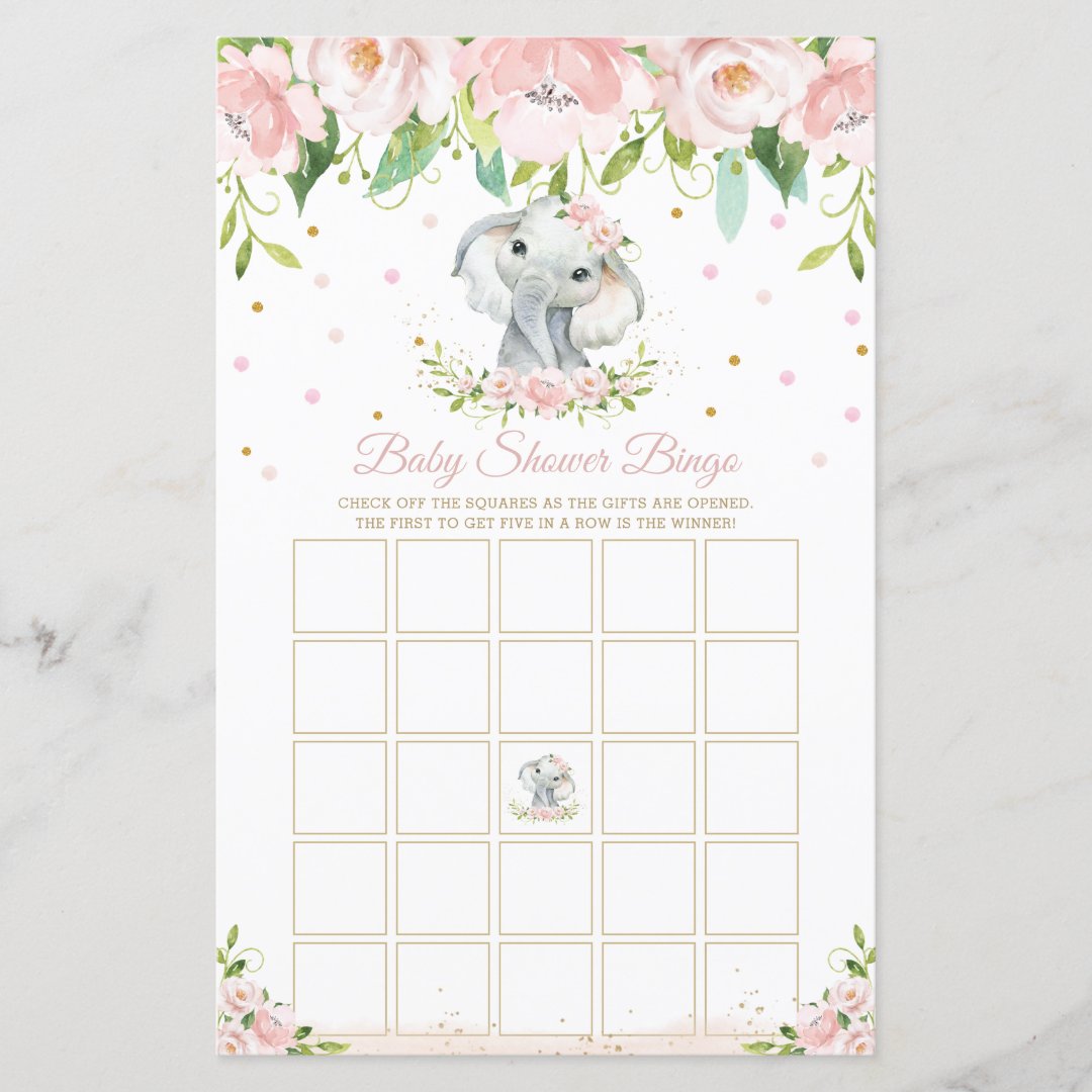 Elephant Pink Floral Baby Shower Bingo Game | Zazzle