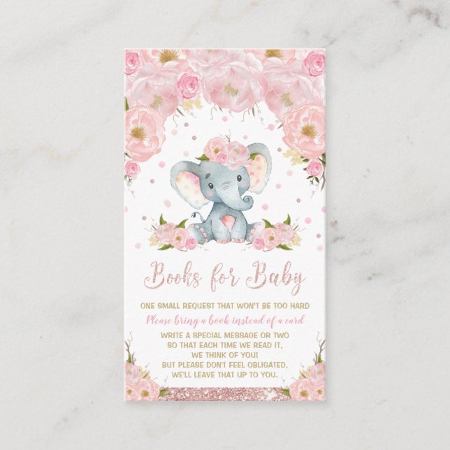 Elephant Pink Floral Baby Shower Bring a Book Enclosure Card (Front)