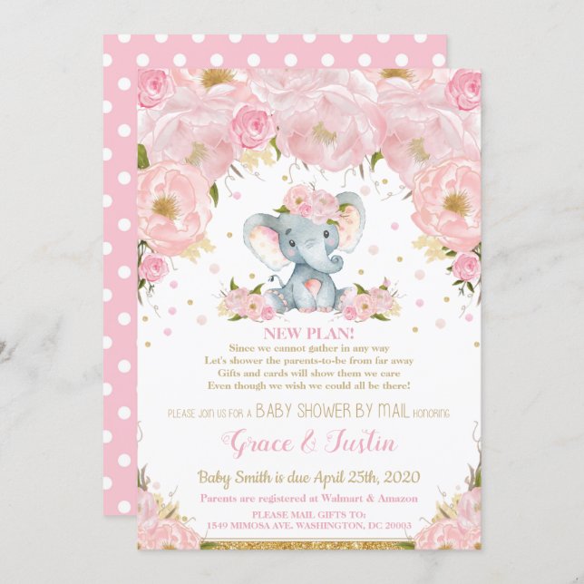Elephant Pink Floral Baby Shower by Mail Girl Invitation (Front/Back)
