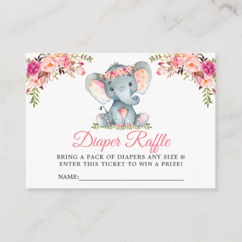 Elephant Pink Floral Baby Shower Diaper Raffle Enclosure Card