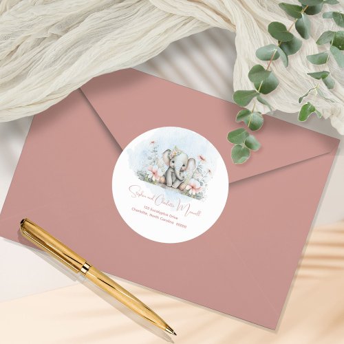 Elephant Pink Floral Baby Shower Return Address  Classic Round Sticker