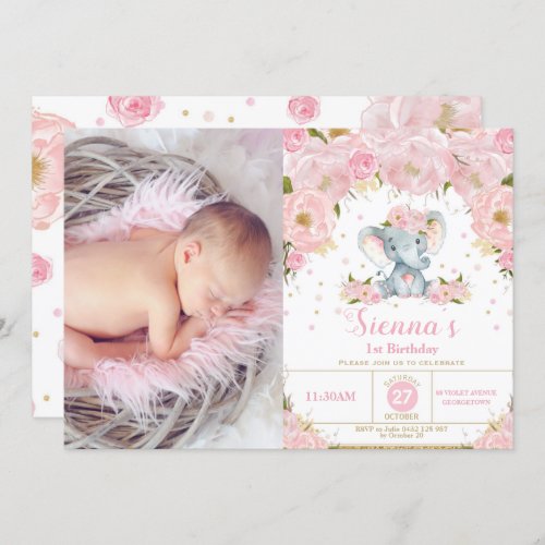 Elephant Pink Floral Birthday Party Girl Photo Invitation