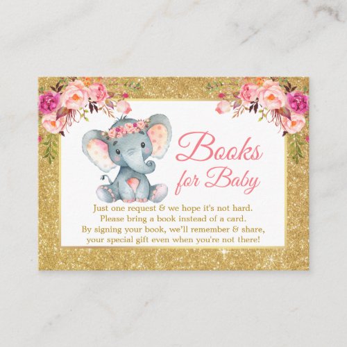 Elephant Pink Floral Books For Baby Shower Glitter Enclosure Card