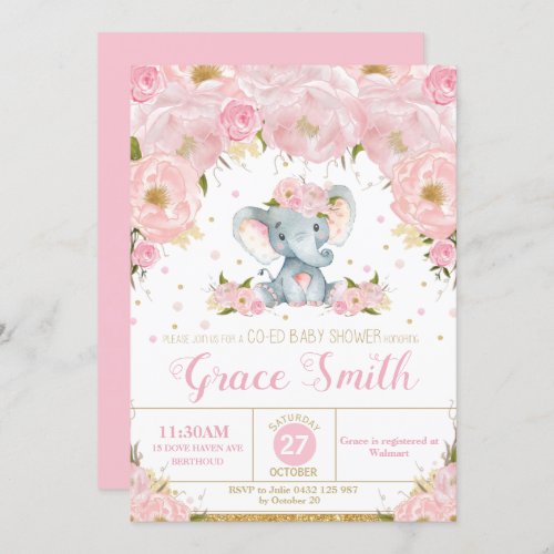 Elephant Pink Floral Co_Ed Baby Shower Girl Invitation