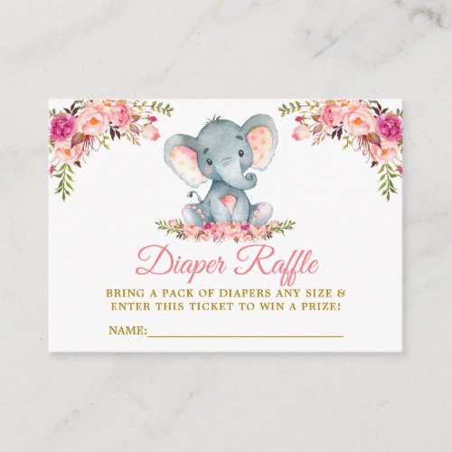 Elephant Pink Floral Diaper Raffle Shower Gold Enclosure Card