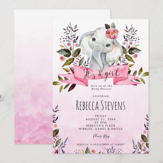 elephant pink floral girl baby shower invitation (Front/Back)
