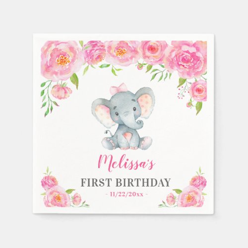 Elephant Pink Floral Girl Birthday Party Paper Napkins