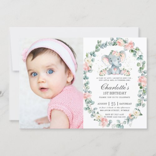 Elephant Pink Floral Greenery 1st Birthday Photo Invitation