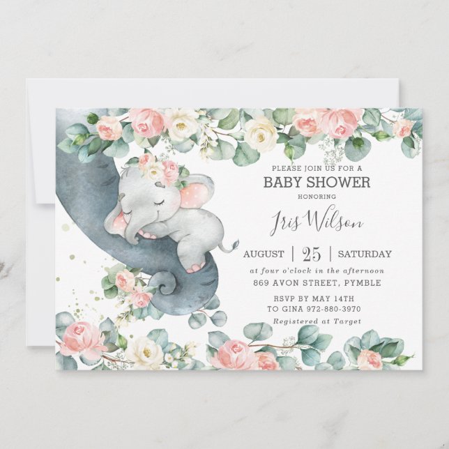 Elephant Pink Floral Greenery Baby Shower Invitati Invitation (Front)