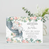 Elephant Pink Floral Greenery Baby Shower Invitation (Standing Front)