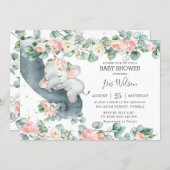 Elephant Pink Floral Greenery Baby Shower Invitation (Front/Back)