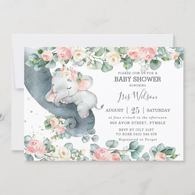 Elephant Pink Floral Greenery Baby Shower Invitation (Front)