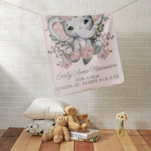 Elephant Pink Floral Greenery Child's Name Date Baby Blanket