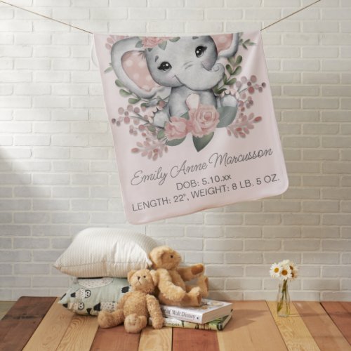 Elephant Pink Floral Greenery Childs Name Date Baby Blanket