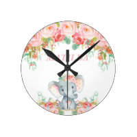 Elephant Pink Floral Kids Nursery Bedroom Decor Round Clock