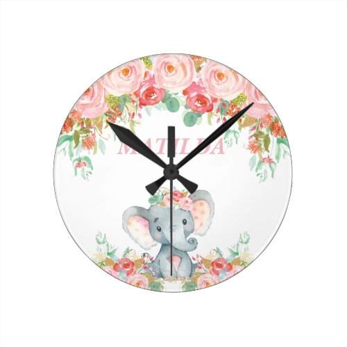 Elephant Pink Floral Kids Nursery Bedroom Decor Round Clock