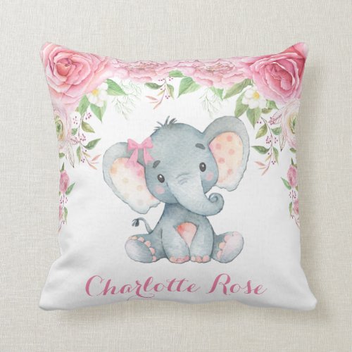 Elephant Pink Floral Roses Baby Girl Nursery Decor Throw Pillow