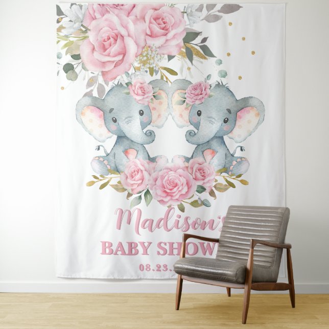 Elephant Pink Floral Twins Baby Shower Backdrop (In Situ)