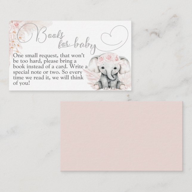 Elephant Pink Flower Boho Baby Shower Book Enclosure Card (Front/Back)