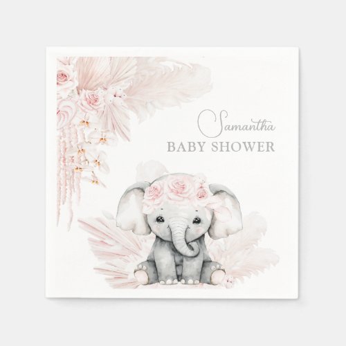 Elephant Pink Flower Boho Baby Shower Napkins