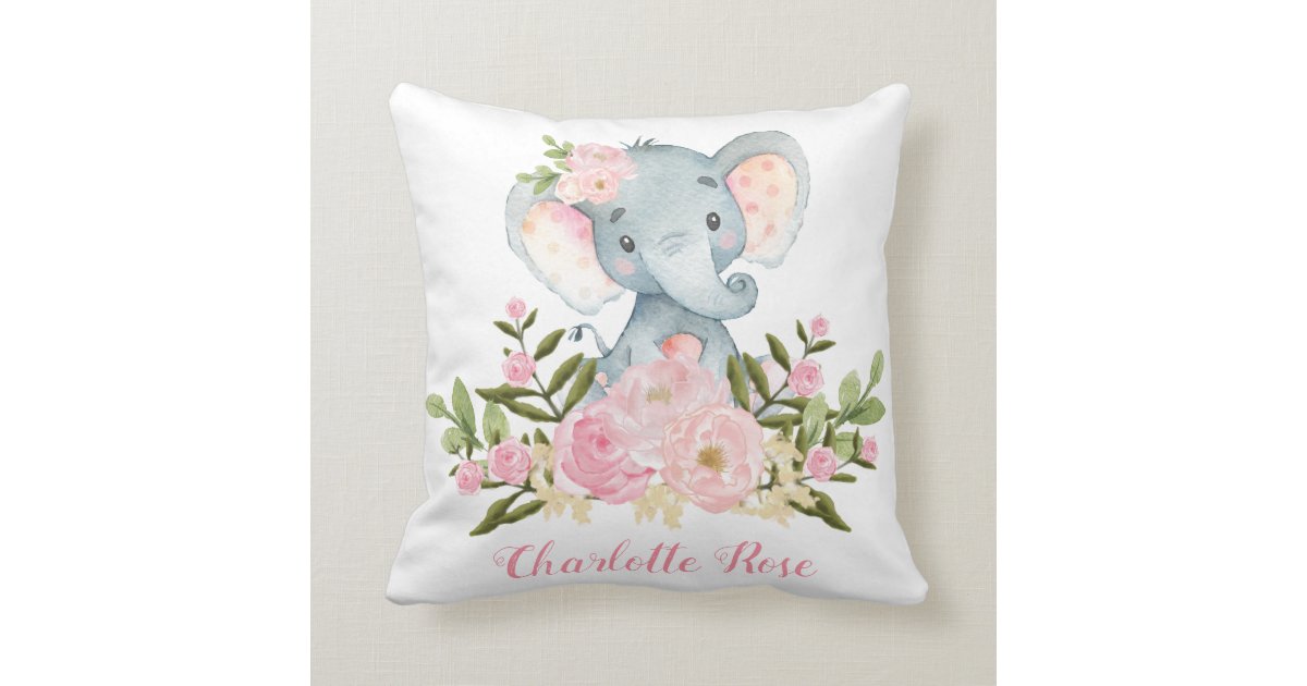Elephant Pink Flowers Baby Girl Nursery Decor Throw Pillow