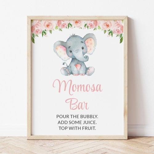 Elephant Pink Flowers Baby Shower Momosa Bar Poster