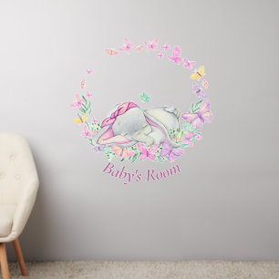 Elephant pink flowers Butterflies Baby's Room Wa Wall Decal