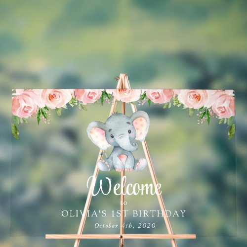 Elephant Pink Flowers First Birthday Welcome Acrylic Sign