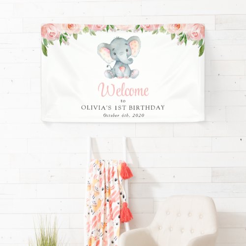 Elephant Pink Flowers First Birthday Welcome Banner