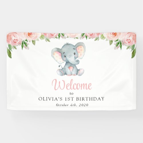 Elephant Pink Flowers First Birthday Welcome Banner