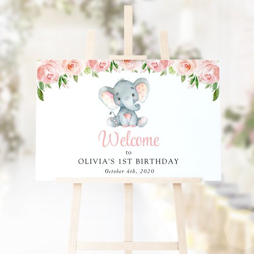 Elephant Pink Flowers First Birthday Welcome Poster