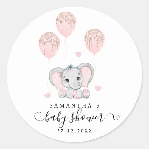 Elephant  Pink Glitter Balloon Baby Shower Classic Round Sticker